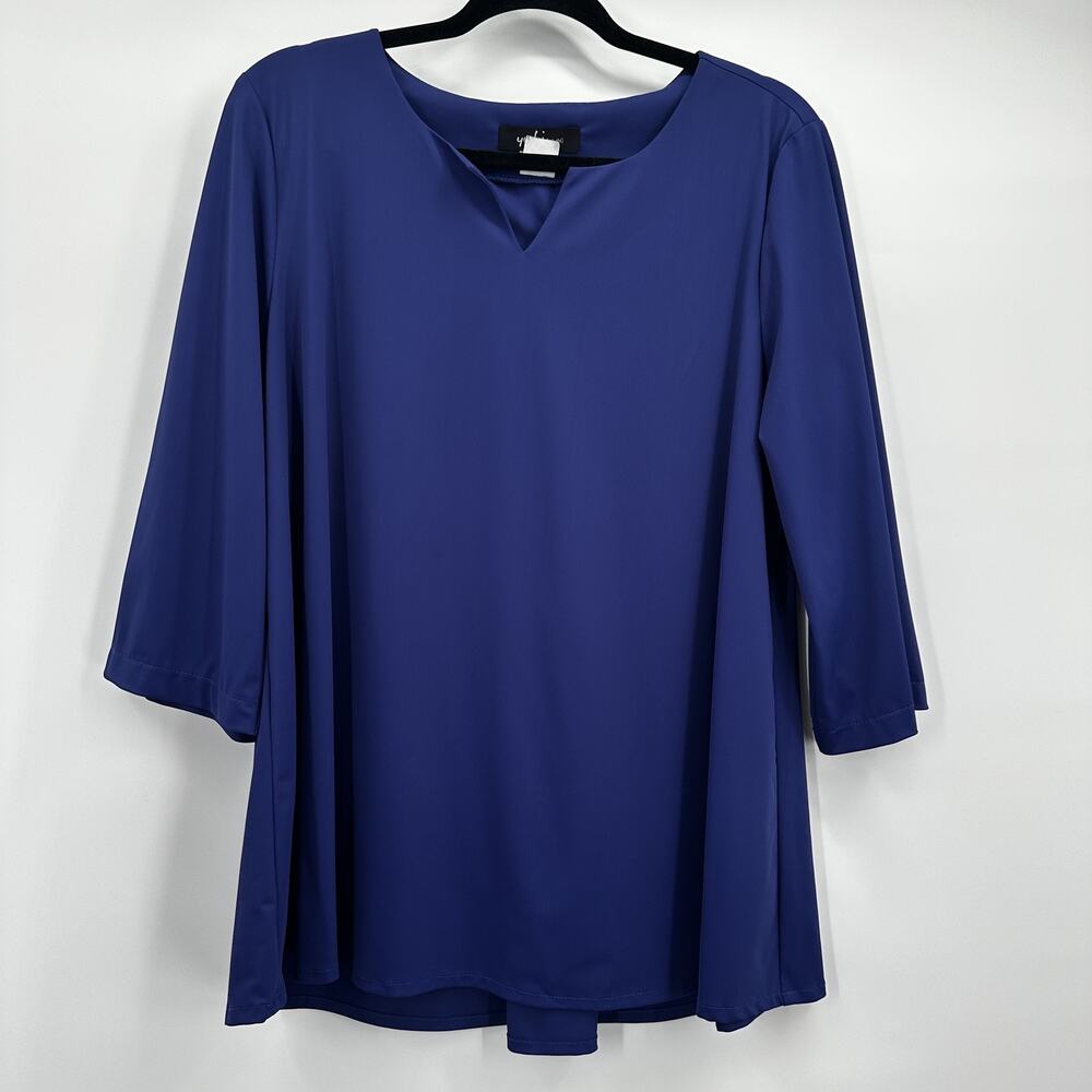 Yushi Tunic Top Womens Medium Blue 3/4 Sleeve Button Back‎ Stretchy USA Artsy